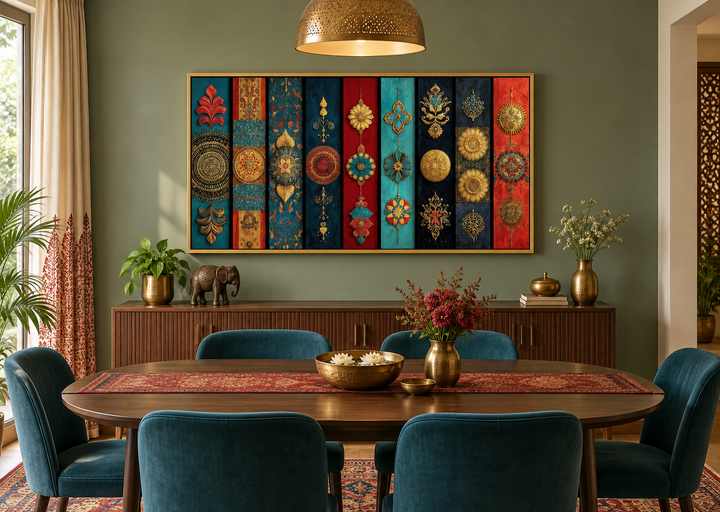 Modern Indian wall art with red, teal, and gold vertical patterns above a dining table.