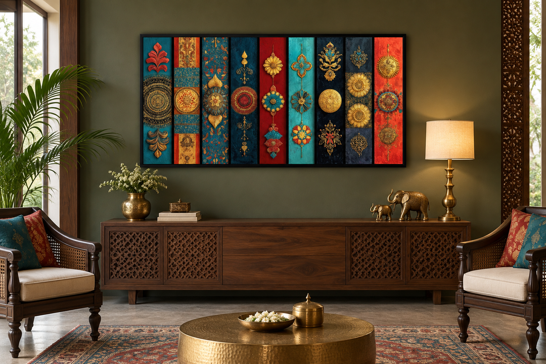 Modern Indian wall art with red, teal, and gold vertical patterns above a wooden sideboard.
