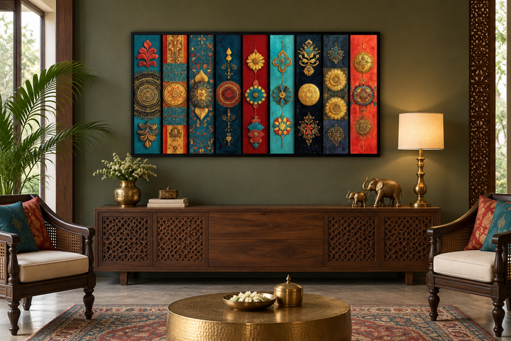 Modern Indian wall art with red, teal, and gold vertical patterns above a wooden sideboard.