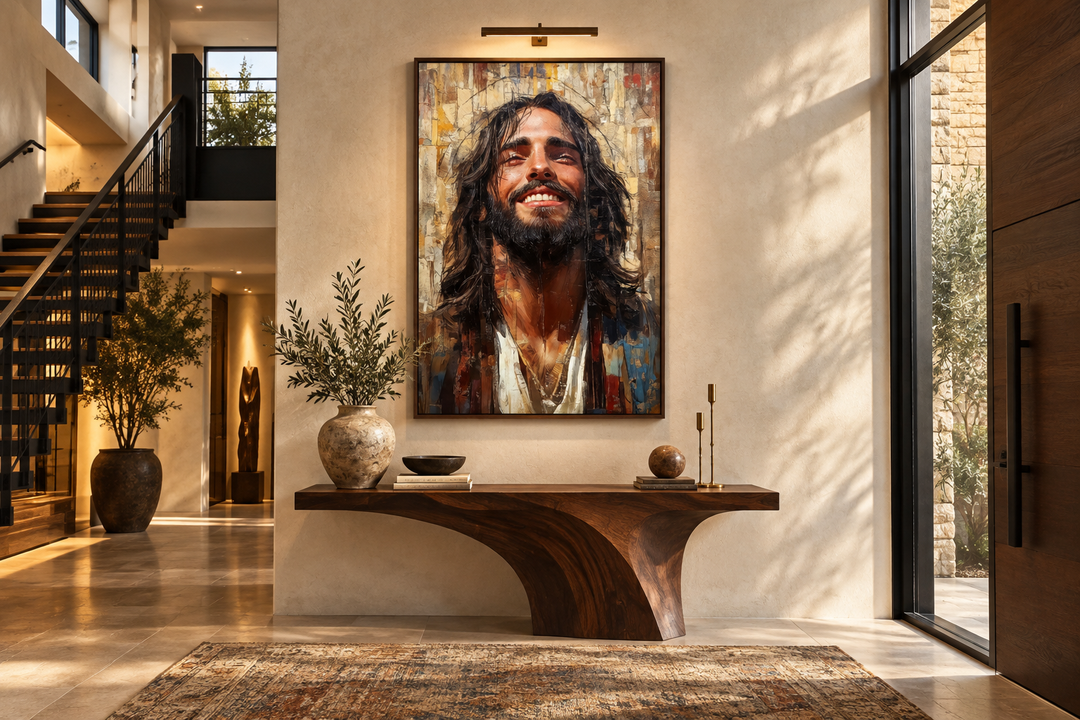 Modern smiling Jesus abstract graffiti framed canvas wall art above a wooden console table.