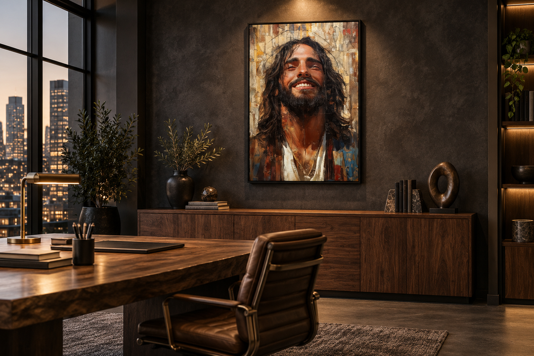 Modern smiling Jesus abstract graffiti framed canvas wall art hanging in a dark office setting.