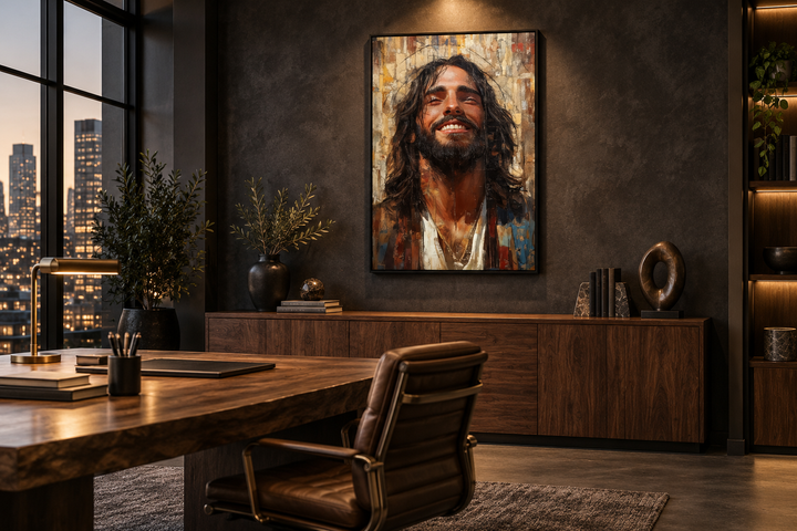Modern smiling Jesus abstract graffiti framed canvas wall art hanging in a dark office setting.