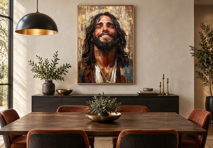 Modern smiling Jesus abstract graffiti framed canvas wall art in a contemporary dining room.