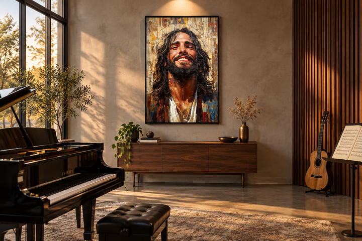 Modern smiling Jesus abstract graffiti framed canvas wall art in a contemporary music room.