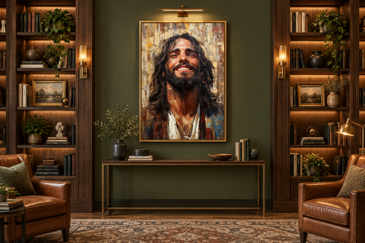 Modern smiling Jesus abstract graffiti framed canvas wall art in a dark green library setting.