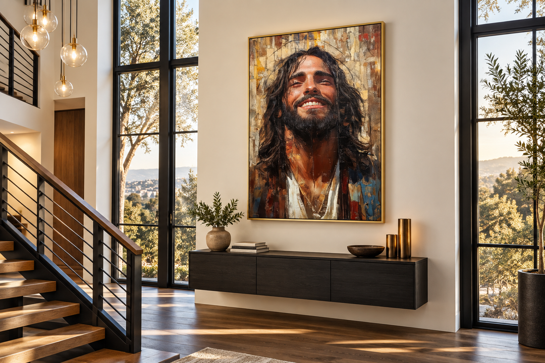 Modern smiling Jesus abstract graffiti framed canvas wall art in a contemporary living room.
