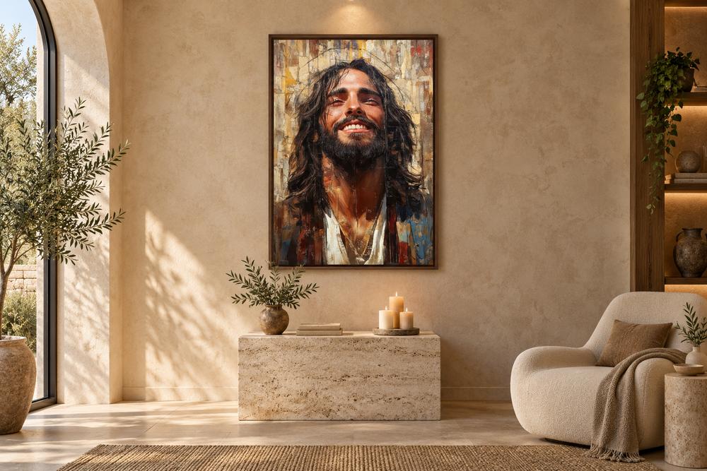 Modern smiling Jesus abstract graffiti framed canvas wall art in a neutral-toned living room.