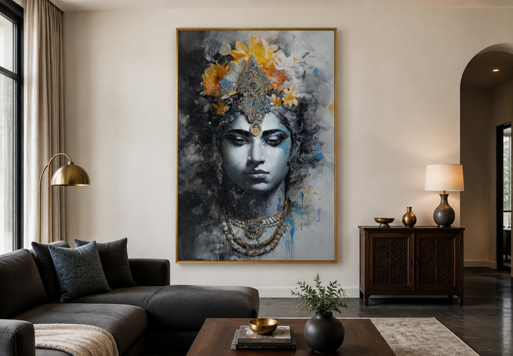 Lord Vishnu modern abstract framed canvas wall art in a contemporary living room setting.