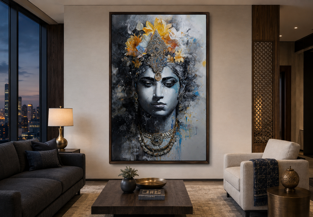 Lord Vishnu modern framed canvas wall art in a contemporary living room setting.