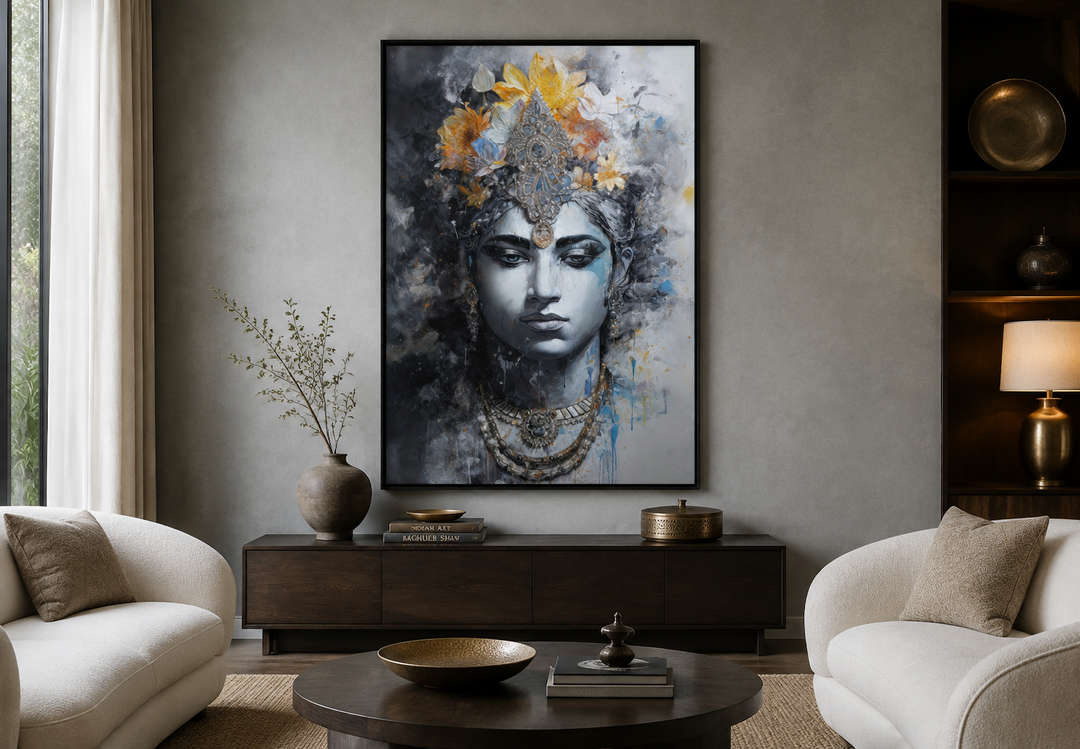 Modern framed canvas wall art of Lord Vishnu in a serene, contemporary living room setting.