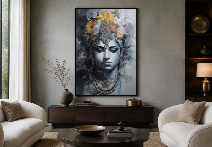 Modern framed canvas wall art of Lord Vishnu in a serene, contemporary living room setting.