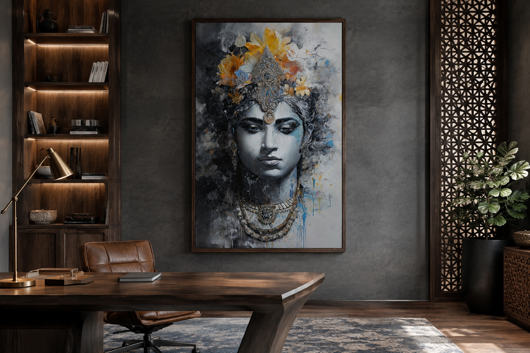 Modern framed canvas wall art of Lord Vishnu in a contemporary office with dark wood furniture.