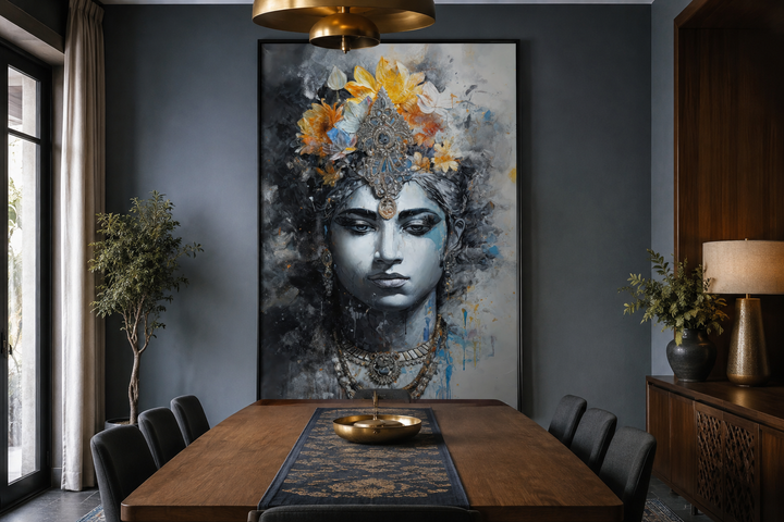 Lord Vishnu modern Indian framed canvas wall art in a dark-toned dining room setting.