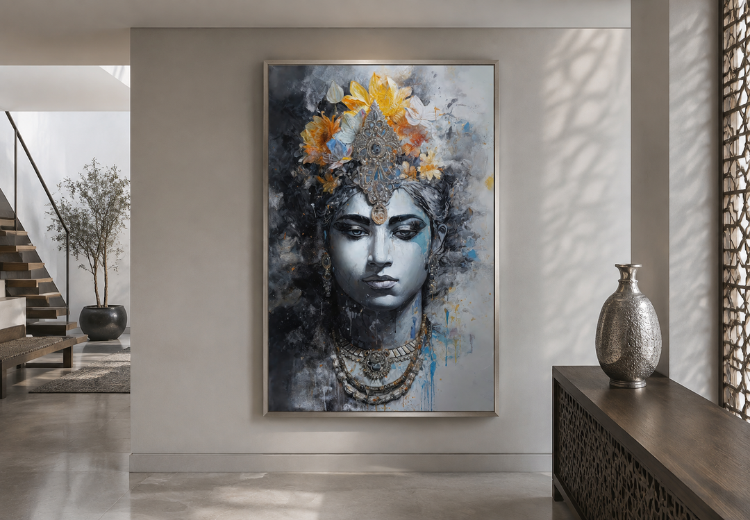 Modern Lord Vishnu framed canvas wall art in a blue and gold color palette on a neutral wall.