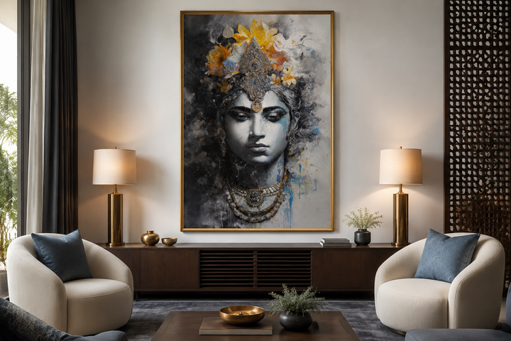 Lord Vishnu modern Indian framed canvas wall art in a stylish living room setting.