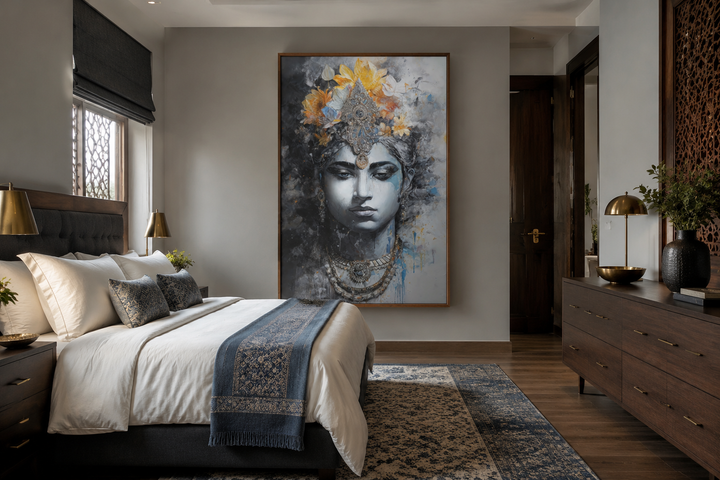 Lord Vishnu modern framed canvas wall art in a serene bedroom with blue and gold accents.