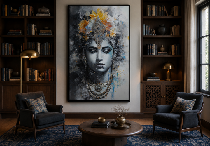 Modern Lord Vishnu framed canvas wall art in a dark wood library with blue armchairs and a rug.