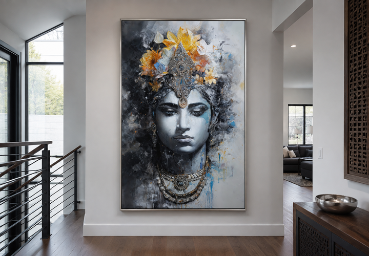 Modern framed canvas wall art of Lord Vishnu in a serene, abstract style with blue and gold tones.