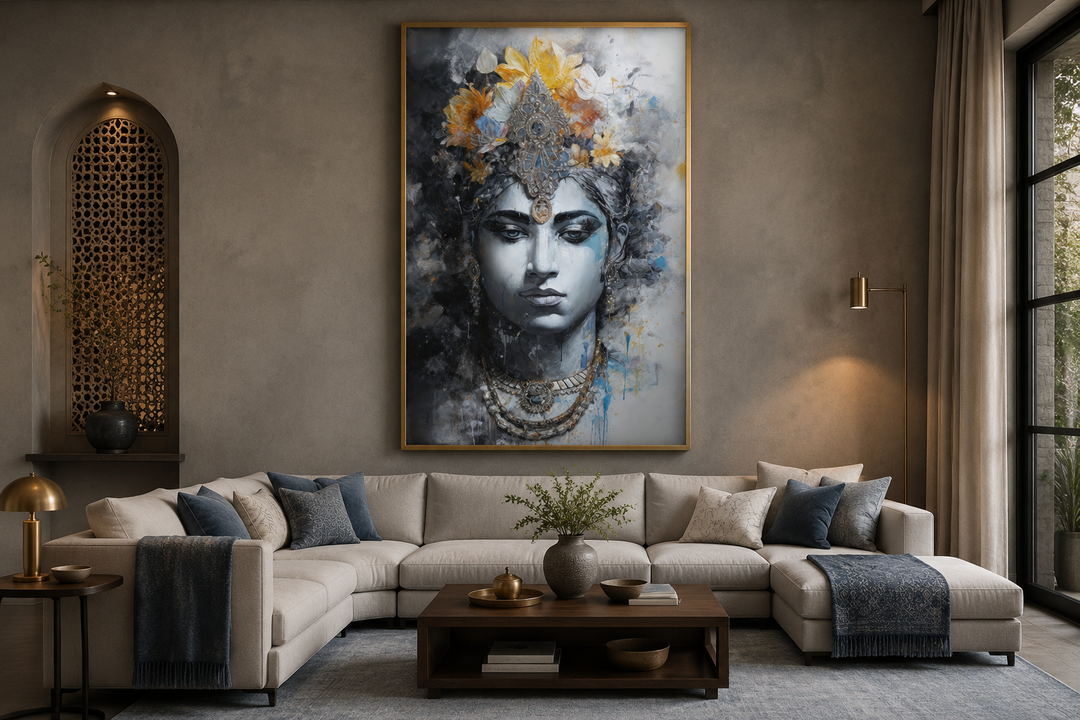 Lord Vishnu modern Indian framed canvas wall art displayed above a neutral sofa in a living room.