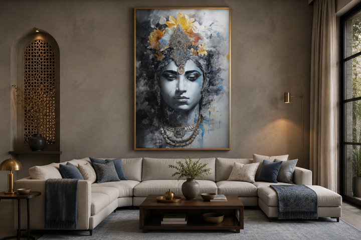 Lord Vishnu modern Indian framed canvas wall art displayed above a neutral sofa in a living room.