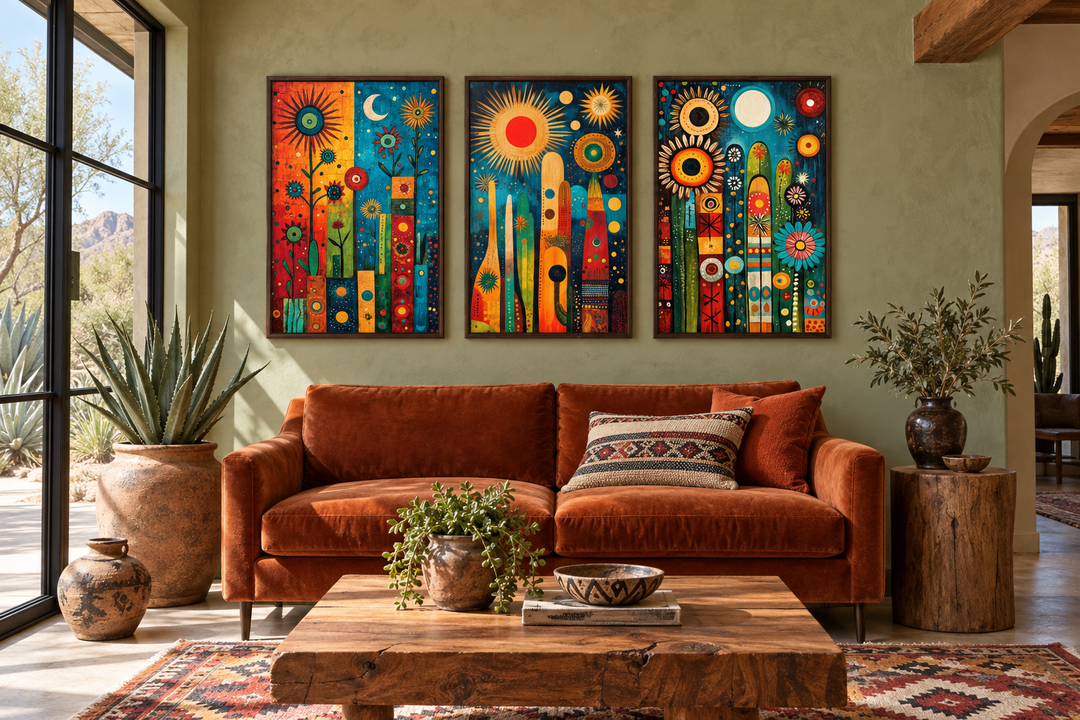 Modern Mexican wall art triptych with colorful abstract cactus, sun, and moon motifs over a sofa.