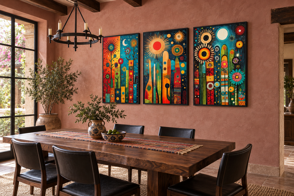 Three-panel colorful abstract Mexican cactus wall art set with sun and moon motifs in a dining room.
