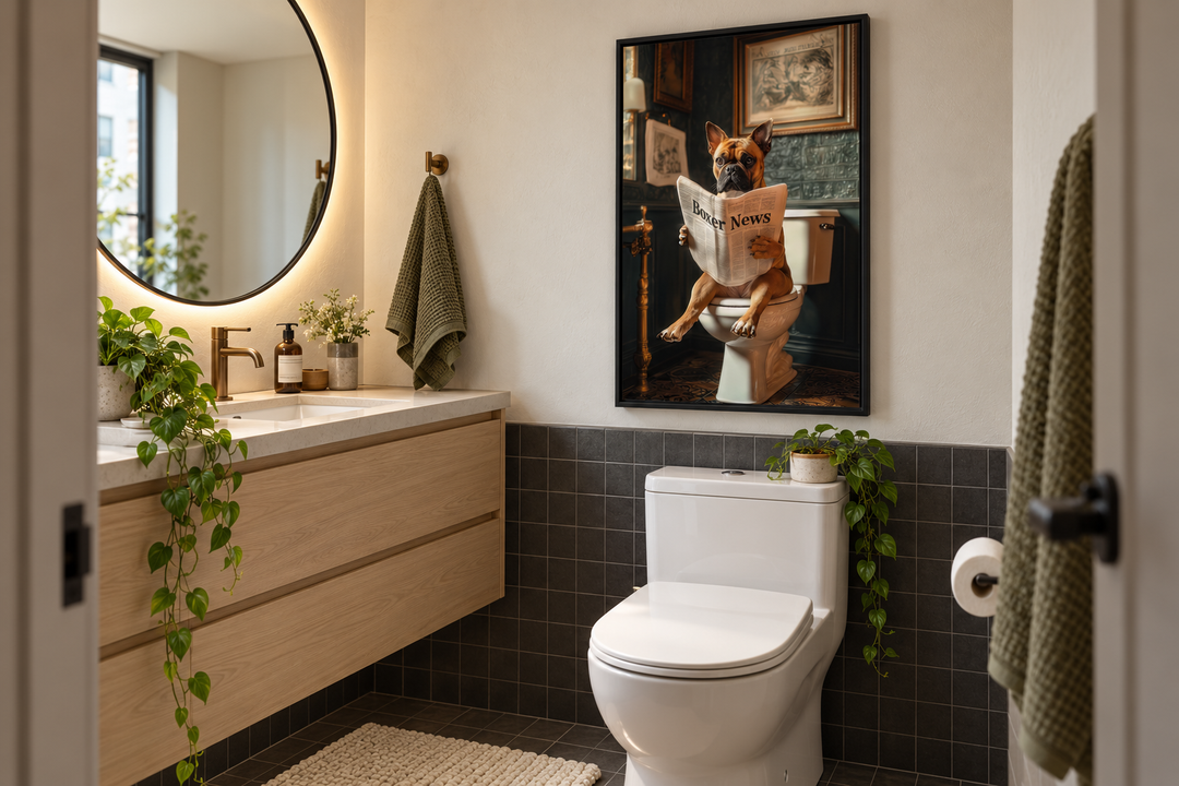 Boxer dog reading a newspaper on a toilet canvas wall art hanging in a modern bathroom.