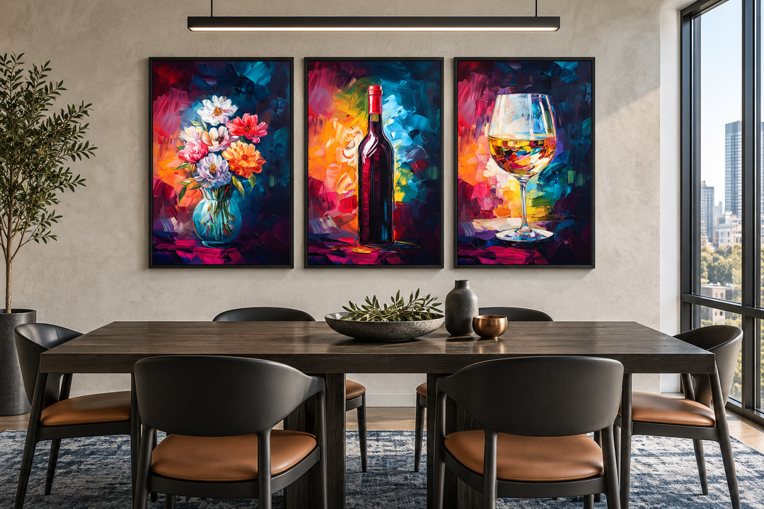 Set of three colorful canvas prints of a flower vase, wine bottle, and wine glass in a dining room.