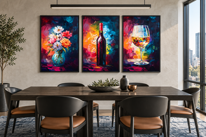 Set of three colorful canvas prints of a flower vase, wine bottle, and wine glass in a dining room.