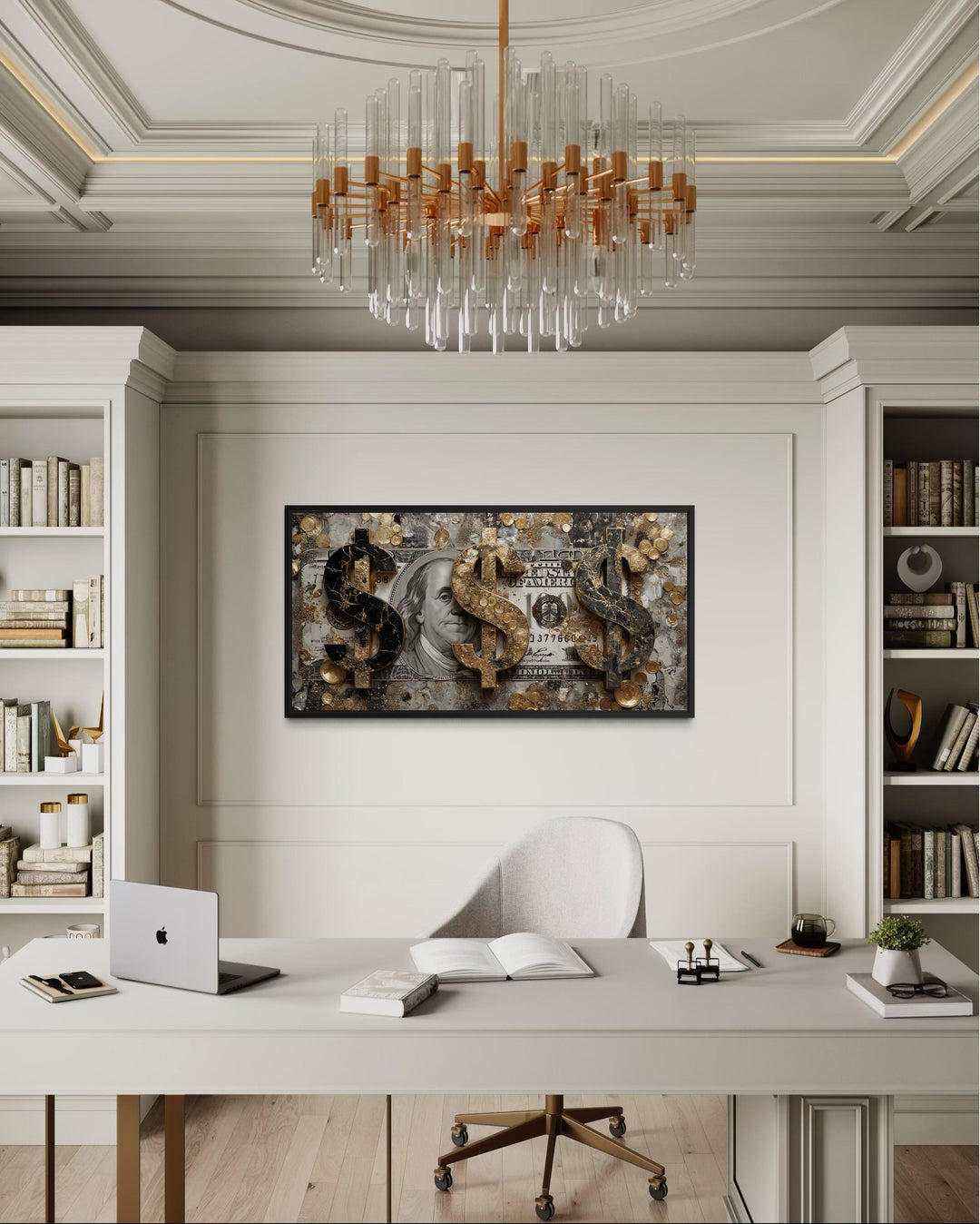 Money Wall Art – Luxury Dollar Sign Canvas with Gold Coins and Benjamin Franklin