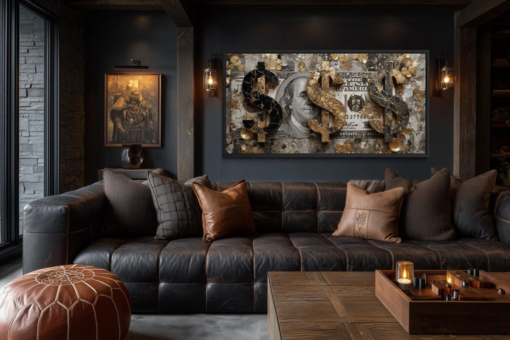 Money Wall Art – Luxury Dollar Sign Canvas with Gold Coins and Benjamin Franklin