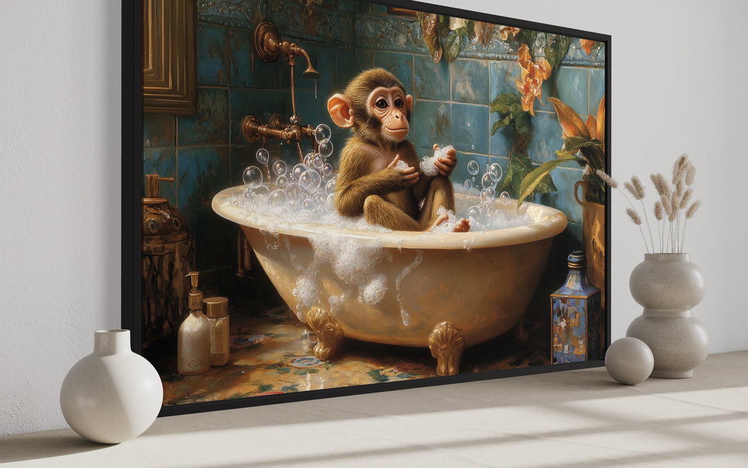 Monkey in a Bathtub Framed Canvas Wall Art