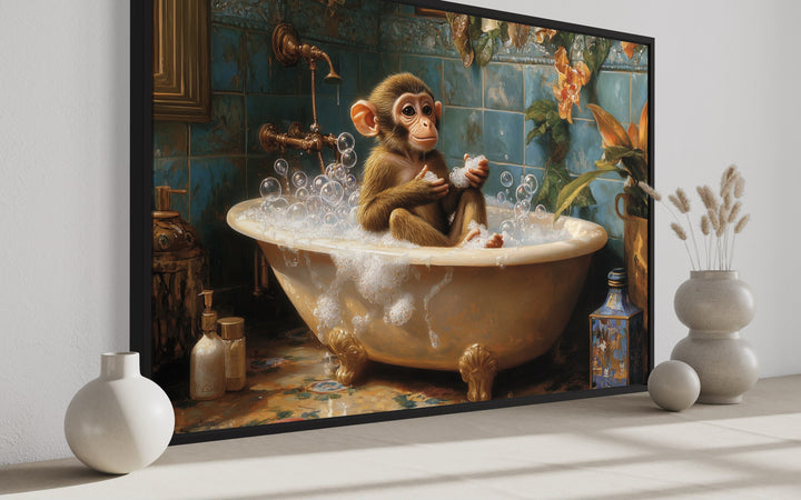 Monkey in a Bathtub Framed Canvas Wall Art