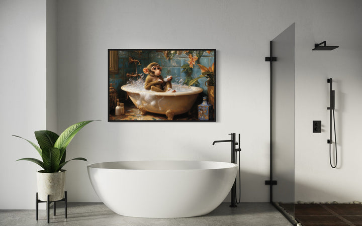 Monkey in a Bathtub Framed Canvas Wall Art