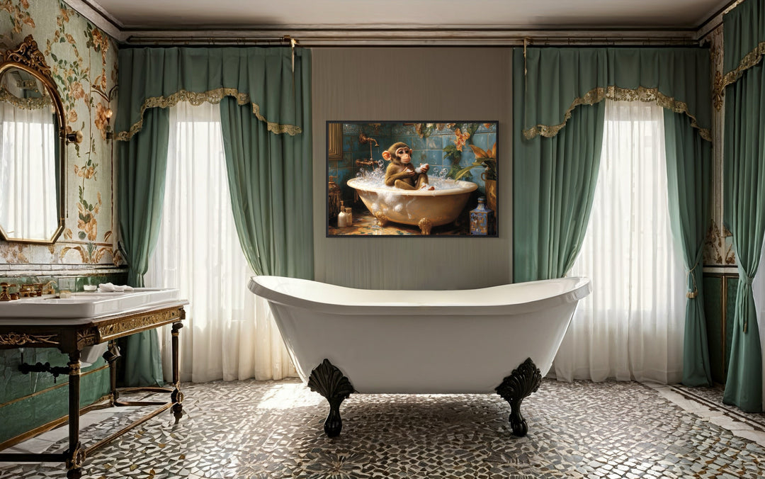 Monkey in a Bathtub Framed Canvas Wall Art