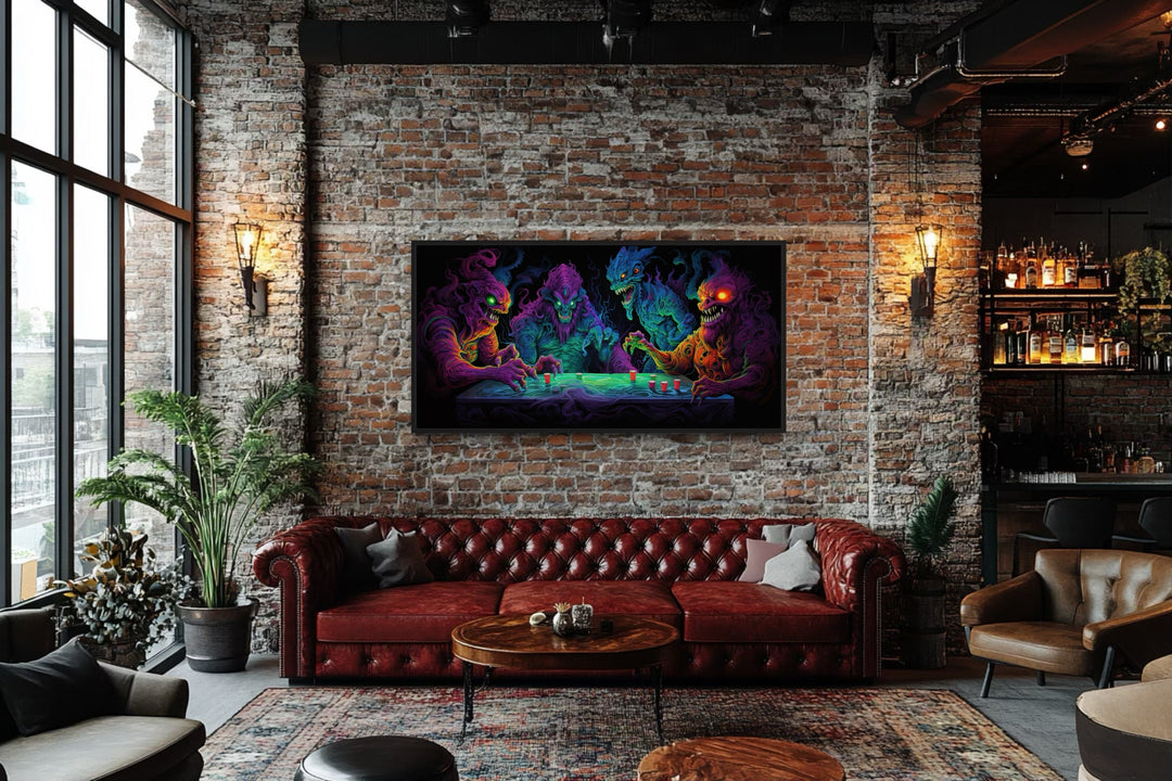 Monsters Playing Beer Pong Framed Canvas Wall Art For Man Cave Decor