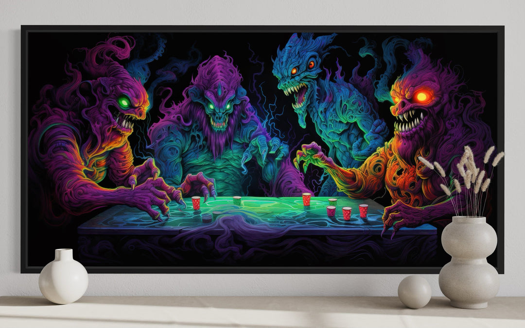 Monsters Playing Beer Pong Framed Canvas Wall Art For Man Cave Decor