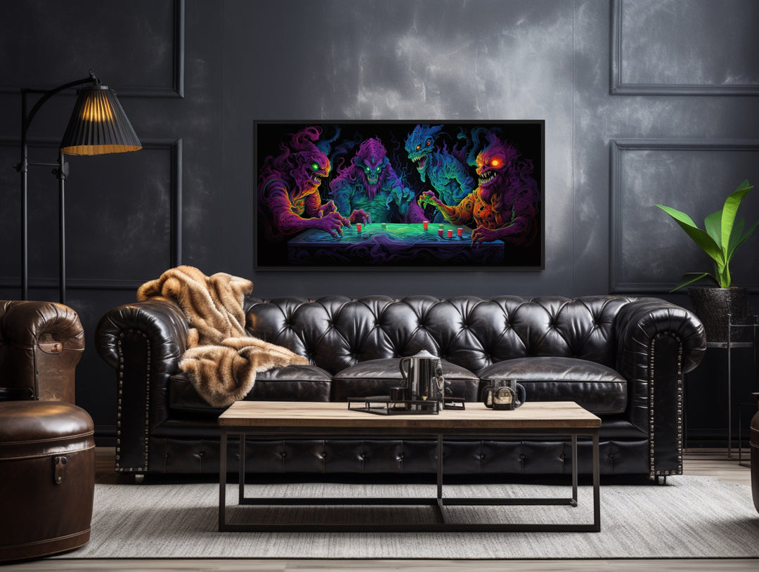 Monsters Playing Beer Pong Framed Canvas Wall Art For Man Cave Decor