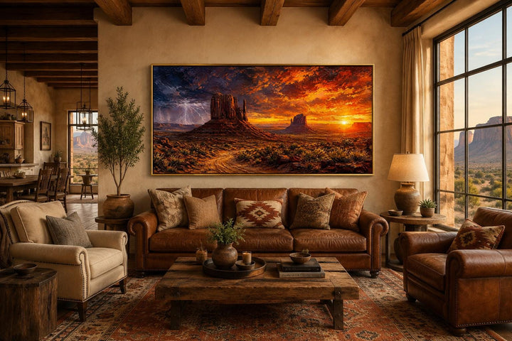 Monument Valley Southwestern wall art featuring a dramatic sunset with storm clouds and lightning.