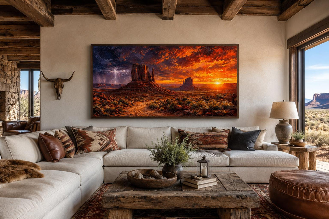 Monument Valley Southwestern wall art featuring a dramatic sunset with lightning over red buttes.