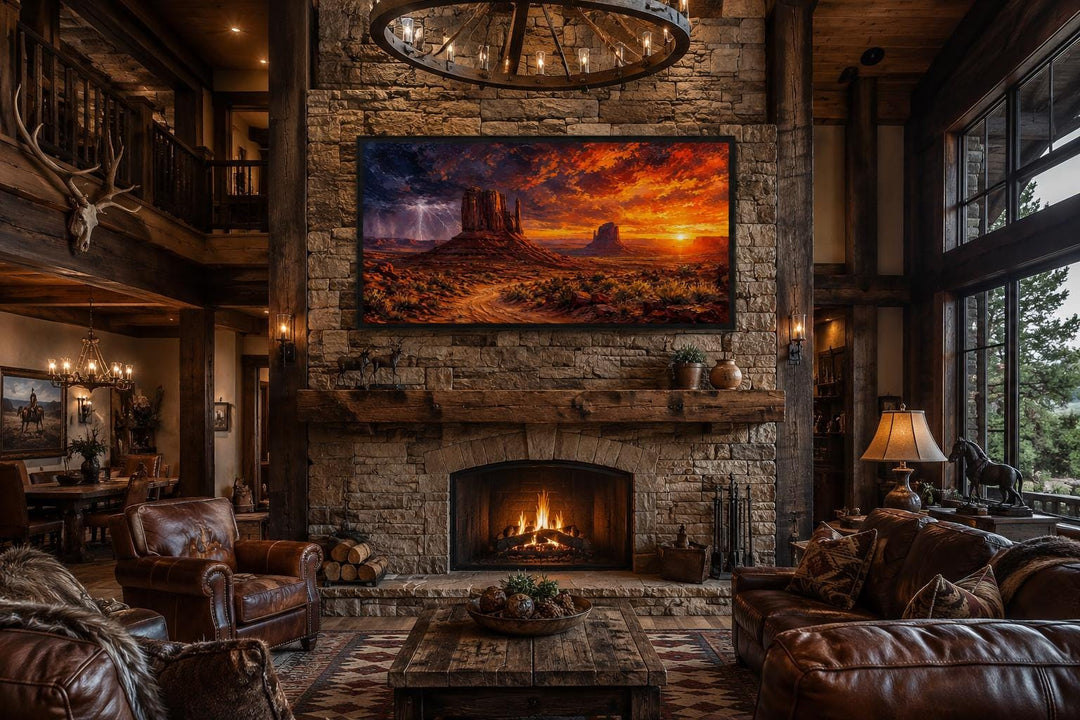 Monument Valley canvas print with a dramatic sunset, lightning, and storm clouds over a fireplace.