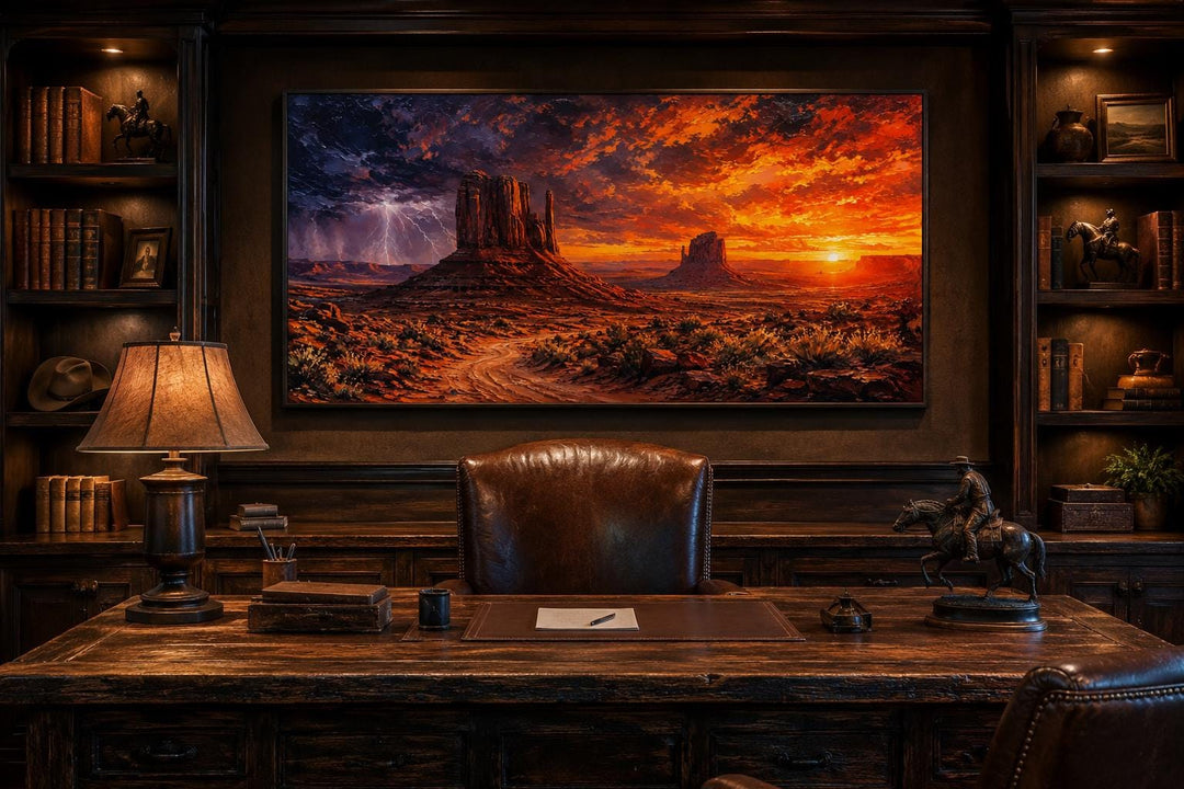 Monument Valley Southwestern wall art canvas featuring a dramatic sunset with lightning and storm.