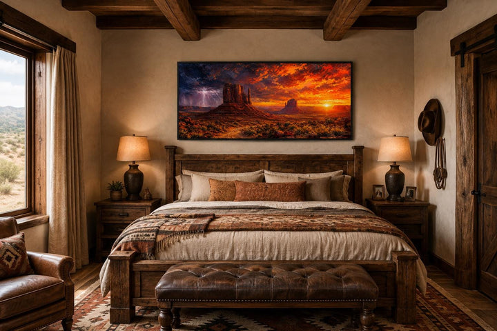 Monument Valley Southwestern wall art canvas above a bed in a rustic bedroom with desert decor.