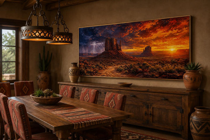 Monument Valley canvas wall art featuring a sunset with lightning and storm clouds in a dining room.
