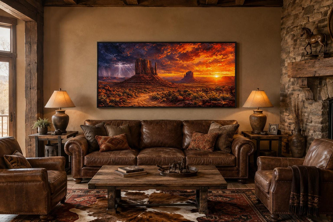 Monument Valley sunset wall art with lightning and storm clouds above a leather sofa in a rustic den
