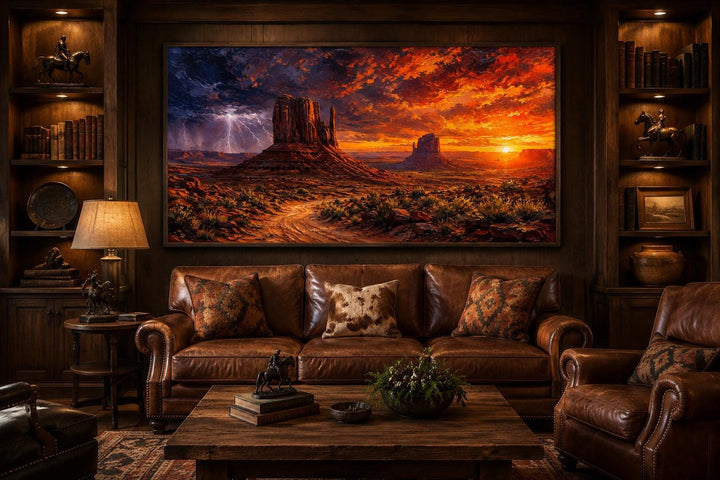 Monument Valley canvas wall art featuring a dramatic sunset with lightning over a desert landscape.