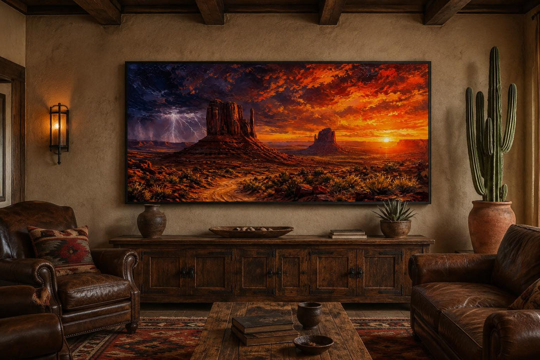 Monument Valley canvas print featuring a dramatic sunset with lightning over red rock buttes.