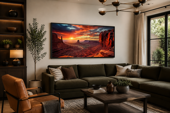 Monument Valley Sunset Framed Canvas Wall Art displayed above a green sofa in a living room.