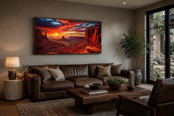 Monument Valley Sunset Framed Canvas Wall Art above a brown leather sofa in a rustic living room.