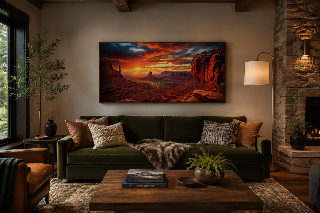 Monument Valley sunset framed canvas wall art above a green sofa in a rustic living room.